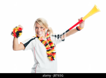 Blonde appassionato di calcio con vuvuzela Foto Stock