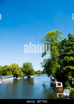 Vista dal Goring Steatley Bridge, Oxfordshire Berkshire Frontiera, il fiume Tamigi, Inghilterra Foto Stock