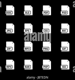 Vector bianco tipo file set di icone su sfondo nero Illustrazione Vettoriale