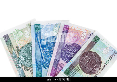 Nuova serie di banconote in polacco isolato su sfondo bianco con tracciato di ritaglio Foto Stock