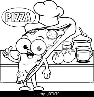 Chef di pizza cartoni animati che prepara una pizza nella cucina della pizzeria. Mascotte fast food, consegna pizza cartoni animati divertenti. Pagina da colorare Illustrazione Vettoriale