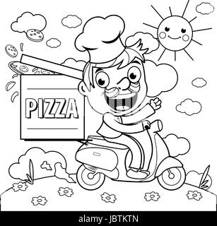 Consegna Pizza Chef in scooter. Pagina di colorazione Illustrazione Vettoriale