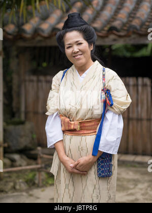 Okinawa signora in kimono a Ryukyu Mura, Yomitan, Okinawa Foto Stock