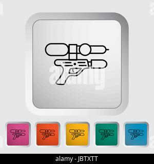 Pistola giocattolo linea sottile piatto correlati vettore icon set per il web e applicazioni per dispositivi mobili. Esso può essere utilizzato come -pittogramma, icona, una infografica elemento. Vector Illus Illustrazione Vettoriale