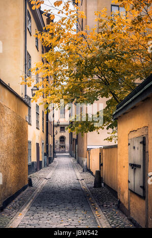 Stoccolma, Svezia - 14 Ottobre 2016: vista dalla stretta e idilliaco street con i suoi edifici colorati in Gamla Stan. La Città Vecchia di Stoccolma, Svezia. Cl Foto Stock