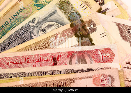 Close up Dirhams nota di valuta e di monete, AED Emirati Arabi Uniti Foto Stock