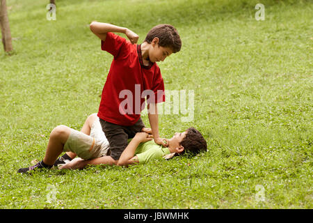 Due giovani fratelli combattimenti e colpendo su erba nel parco, con il vecchio ragazzo seduto sopra il giovane Foto Stock
