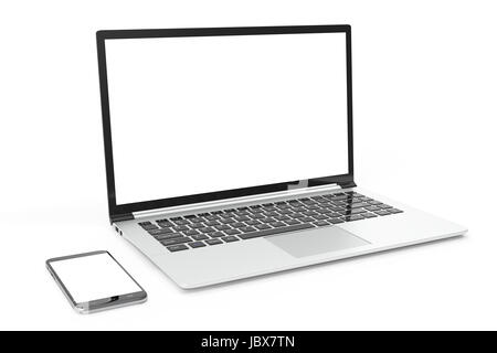 Computer desktop vuoto mock up. Lucida computer laptop mock up. Moderno computer mock up. Perfettamente dettagliata smartphone mock up vicino al computer vuota. 3D Foto Stock