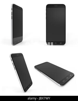 Concetto moderno di telefoni con schermi vuoti, nero realistici modelli di mobili su sfondo bianco. Il rendering 3D Foto Stock
