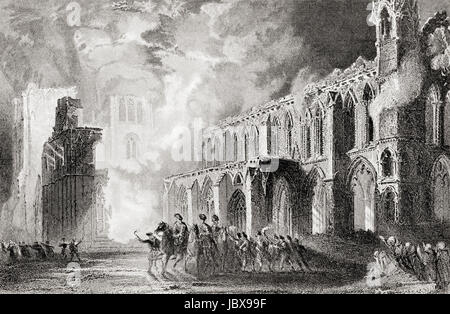La distruzione di Elgin Cathedral, murene, Scozia nel 1390 da Robert III il fratello di Alexander Stewart, Conte di Buchan, aka il lupo di Badenoch. Da Hutchinson nella storia delle nazioni, pubblicato 1915. Foto Stock