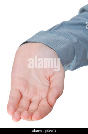 Vista anteriore della cava mano palm gesto isolato su sfondo bianco Foto Stock