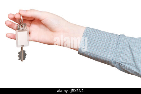 Chiave vergine portachiavi con porta chiavi in mano isolati su sfondo bianco Foto Stock