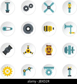 Meccanismi di Techno kit set di icone in stile piatto Illustrazione Vettoriale