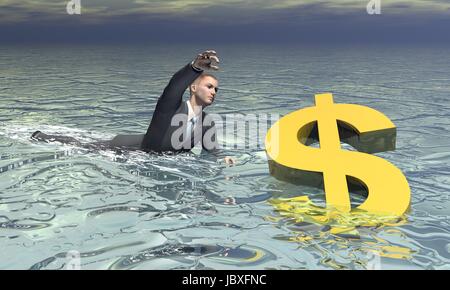 Imprenditore e golden dollar affonda in acqua dal grigio giorno nuvoloso Foto Stock