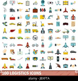 100 logistica set di icone di stile di Piana Illustrazione Vettoriale