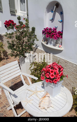 Grecia CICLADI, Paros, Naoussa, giardino, mobili, fiori, Foto Stock