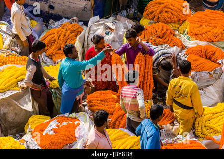 I mucchi di coloratissimi fiori marygold sono venduti dai venditori sul mercato dei fiori giornaliera al di sotto di quella di Howrah bridge Foto Stock