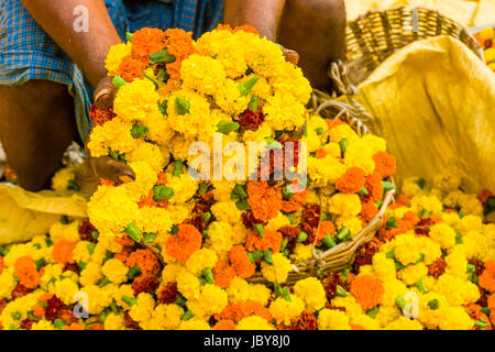 I mucchi di coloratissimi fiori marygold sono venduti dai venditori sul mercato dei fiori giornaliera al di sotto di quella di Howrah bridge Foto Stock