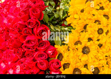 Fasci di red rose fiori e girasoli sono venduti dai venditori sul mercato dei fiori giornaliera al di sotto di quella di Howrah bridge Foto Stock