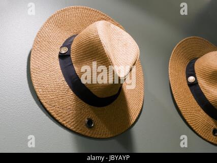 Marrone tessitura Cowboy Hat decorato con nastro nero appeso alla parete. Foto Stock