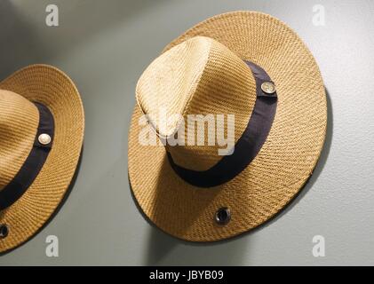 Marrone tessitura Cowboy Hat decorato con nastro nero appeso alla parete. Foto Stock