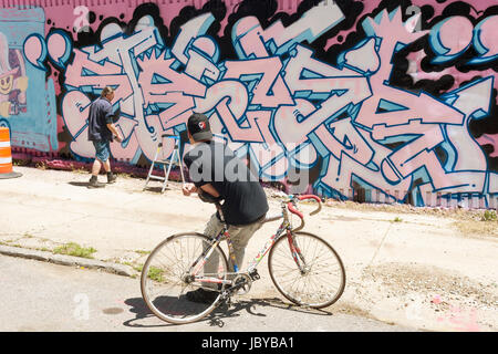 Migliaia versare in Bushwick di Brooklyn a New York per l'annuale collettivo Bushwick Block Party Sabato, 3 giugno 2017. Musica e partying portato alcuni ma la vera attrazione è stato il nuovo murales da "Graffiti" artisti che decorano le pareti degli edifici collettivo che la utilizza. (© Richard B. Levine) Foto Stock