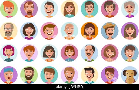 Persone set di icone. Profilo di Avatar, diverse facce, social network, chat simbolo. Cartoon illustrazione vettoriale stile piatto Illustrazione Vettoriale