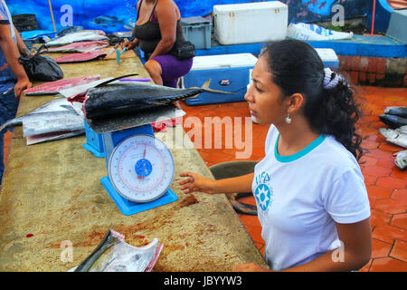 Donna locale di vendita del pesce al mercato di Puerto Ayora sull isola di Santa Cruz, Galapagos National Park, Ecuador. Puerto Ayora è la più popolosa città Foto Stock