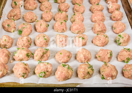 Appena formati polpette di greggio con erbe aromatiche sulla teglia da forno pronto per cuocere al forno Foto Stock