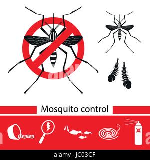 Mosquito Control Tools set di icone, anti zanzara, illustrazione vettoriale. Illustrazione Vettoriale