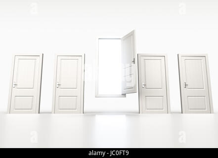 Concetto di possibilità e opportunità. Fila di chiudere le porte di colore bianco. Luce che risplende attraverso uno aperto. 3D render Foto Stock