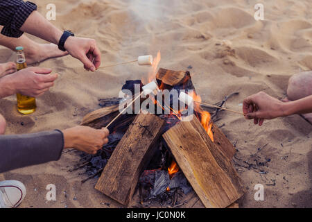 Gli amici su una spiaggia selvaggia acceso un falò e friggere marshmallows Foto Stock