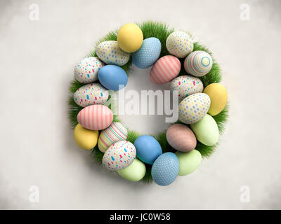 Pasqua colorata ghirlanda fatta di uova colorate e l'erba verde. Realistiche in 3D render. Foto Stock