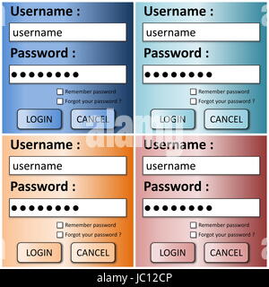 Set di quattro coloratissimi user login form con password e pulsanti Foto Stock