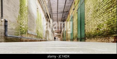 Il tunnel sotterraneo e dungeons sotto il Cellhouse sul penitenziario di Alcatraz island, ora un museo, a San Francisco, California, Stati Uniti d'America. Una vista di una scala di mattoni pareti ammuffite e pesanti porte di ferro per le cellule. Foto Stock