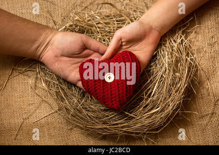 Closeup colpo di uomo e donna mani decorativo cuore rosso nel nido Foto Stock