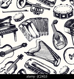 Strumenti musicali - un colore disegnato a mano modello senza giunture Illustrazione Vettoriale