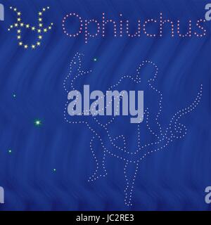 Alternativa tredicesimo segno zodiacale Ofiuco contorno con stelle molto piccole sullo sfondo della ondulata blu cielo stellato, illustrazione vettoriale Illustrazione Vettoriale
