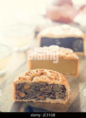 Le parole cinesi sui mezzi mooncakes frutti assortiti dadi, non un logo o marchio. Mooncakes tradizionale sulla messa in tavola con la tazzina. Retro vintage stile cinese di metà autunno festival di alimenti. Foto Stock