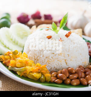 Nasi lemak tradizionale malese piccante piatto di riso Foto Stock