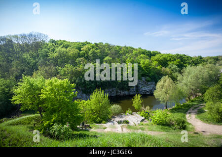 Bellissimo paesaggio della foresta, al fiume e al profondo blu del cielo Foto Stock