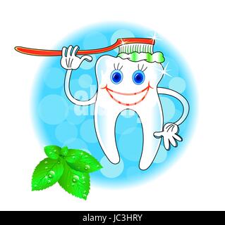 Allegro sorridente dente con uno spazzolino da denti, igiene dentale icona Illustrazione Vettoriale