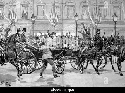 L assassinio di Marie Francois Sadi Carnot, 1837- 1894, uno statista francese e il quinto presidente della Terza Repubblica. Die Ermordung des Praesidenten Carnot a Lione, Marie Francois Sadi Carnot, 1837 - 1894, franzoesischer Staatspraesident, digitale riproduzione migliorata da una pubblicazione dell'anno 1880 Foto Stock