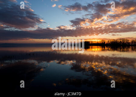 Perfettamente simmetrica riflessioni di alberi e cielo su un lago al tramonto Foto Stock