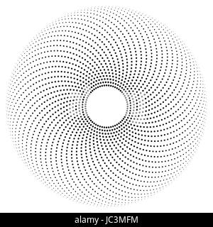 Punti neri sul mezzo cerchio tracciati formando un modello. Cerchio con puntini in diverse dimensioni con un foro al centro. Foto Stock