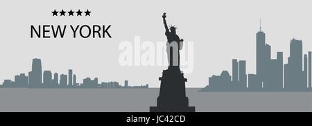 Sagome di New York City, Stati Uniti d'America, grattacieli e la Statua della Libertà panorama del vettore in grigio e nero i colori Illustrazione Vettoriale