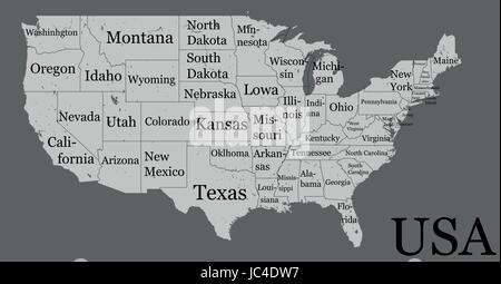 Vuoto simile alto dettagliata mappa USA isolato su sfondo grigio. Stati Uniti d'America, paese con i nomi di stato iscrizioni. Template vettoriale infog Illustrazione Vettoriale