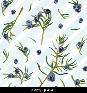 Ramo di ginepro con il verde delle foglie e bacche blu Seamless Pattern di sfondo acquerello naturali a base di erbe di stile illustrazione vettoriale isolato in diagonale Illustrazione Vettoriale