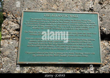 Placca su Atlantic Wall a Hankley comune, Surrey, Regno Unito Foto Stock