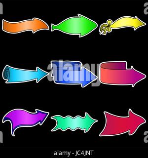 Set di diverso vettore colorate frecce su uno sfondo nero Illustrazione Vettoriale